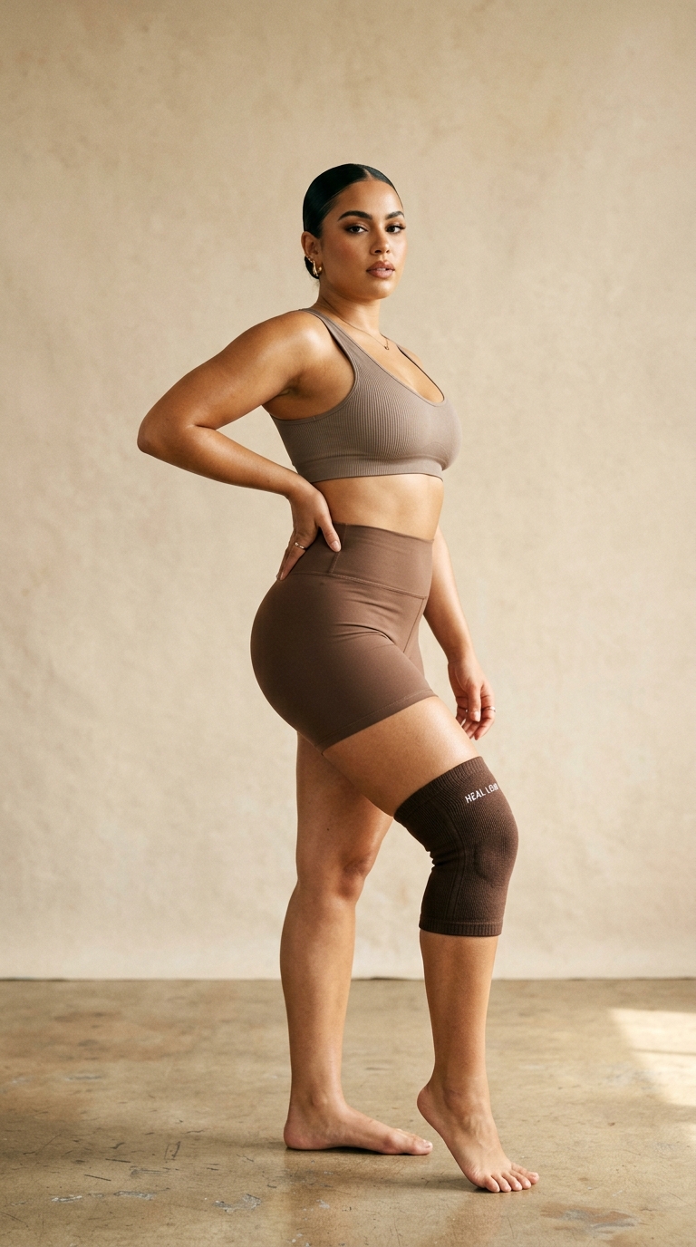 Curvy athlete in mocha set with hip-forward pose, wearing a LIGATEN knee brace printed Heal Loud
