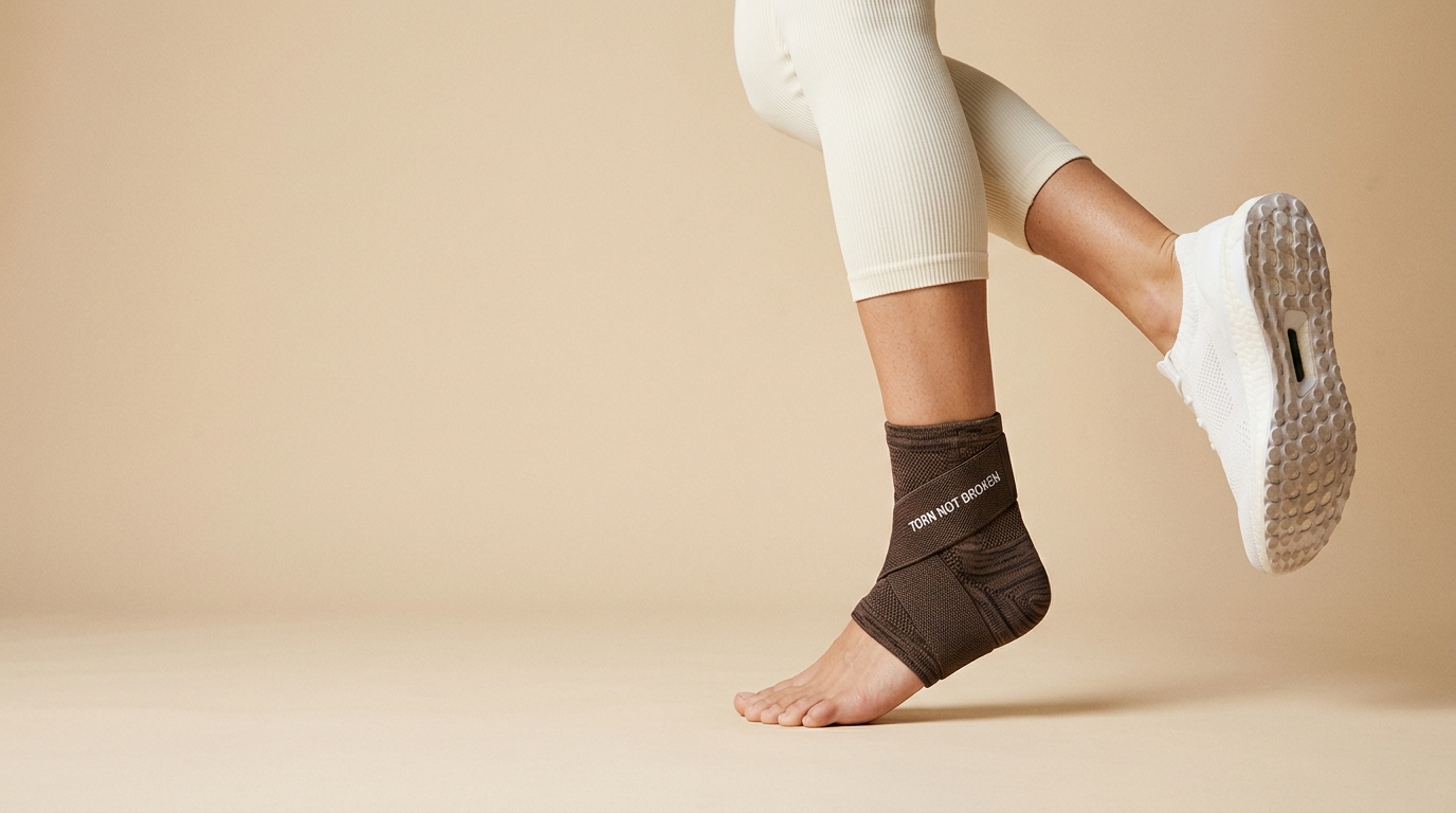 Model wearing the LIGATEN ankle brace printed Torn Not Broken