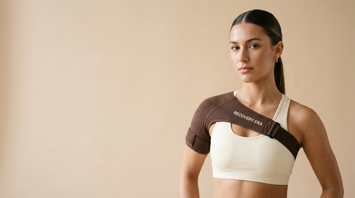 Model with sleek straight hair wearing the LIGATEN shoulder brace printed Recovery Era