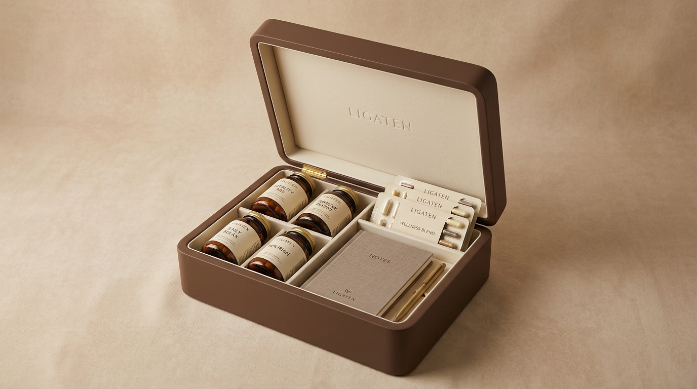LIGATEN The Kit — Your recovery shelf, in one mocha case — amber bottles, daily blends, and a notes journal